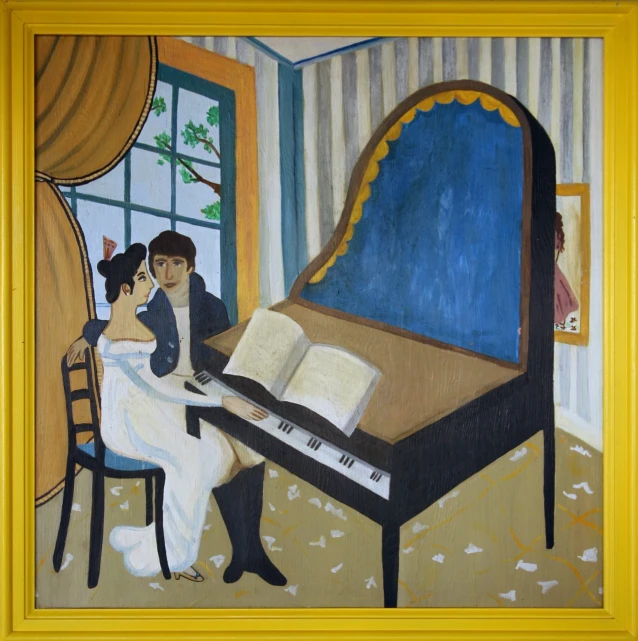 a painting of a couple at the piano