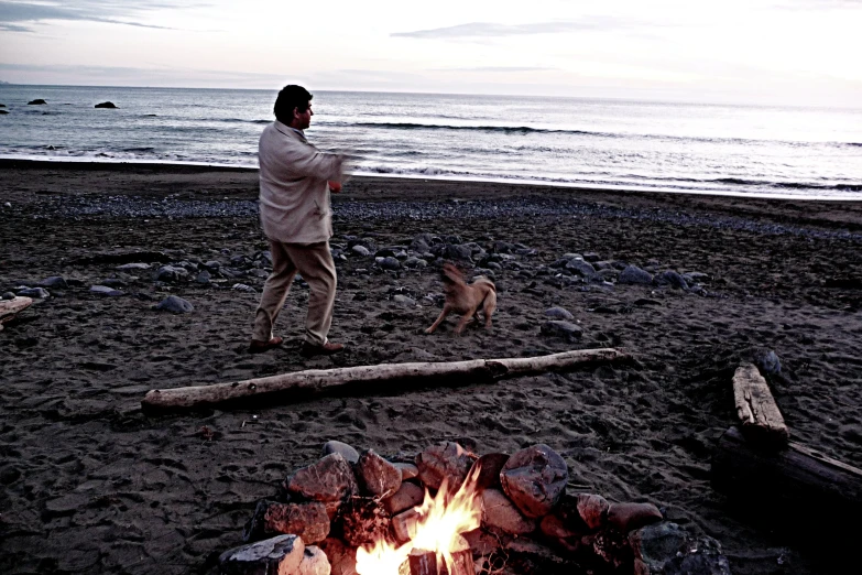 a man walking on the beach by a fire with two dogs