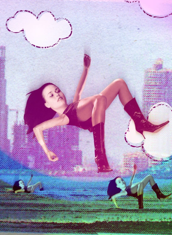 a woman in tights and boots flying through the air