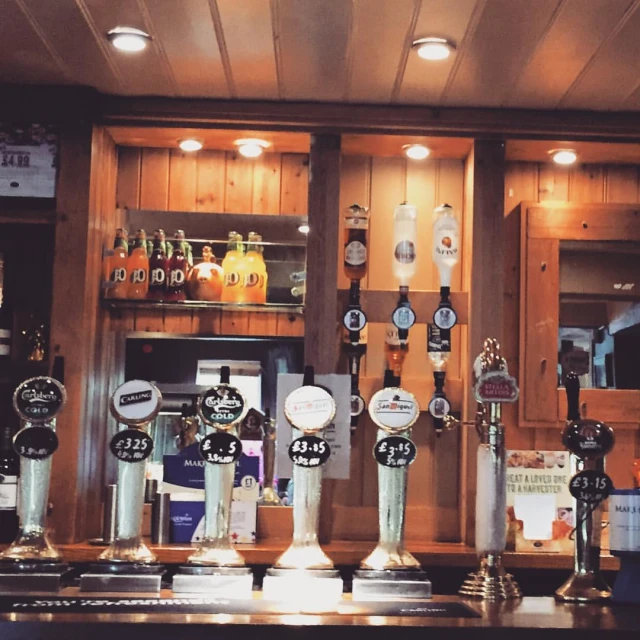 some beers are lined up in a bar