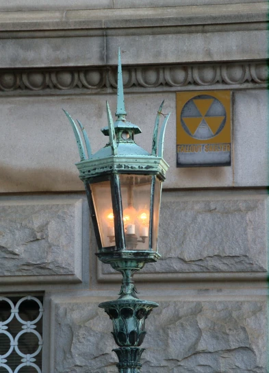 a light is on the side of a building