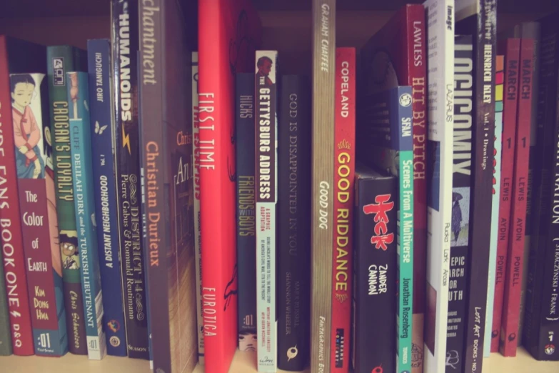 a row of books sitting on top of a wooden shelf