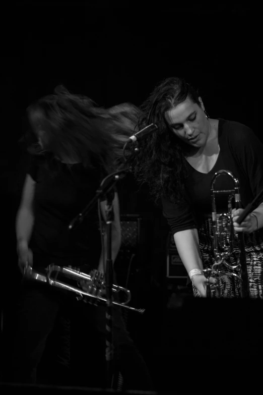 black and white po of two women playing a musical instrument