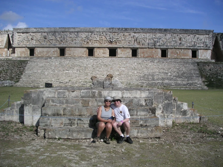 two people sitting on steps in front of a wall