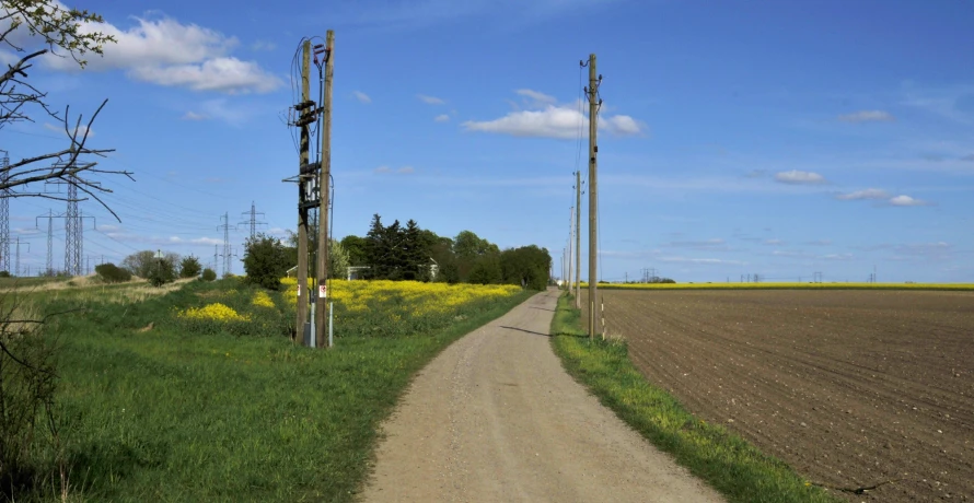 an empty dirt road with power lines leading into the distance