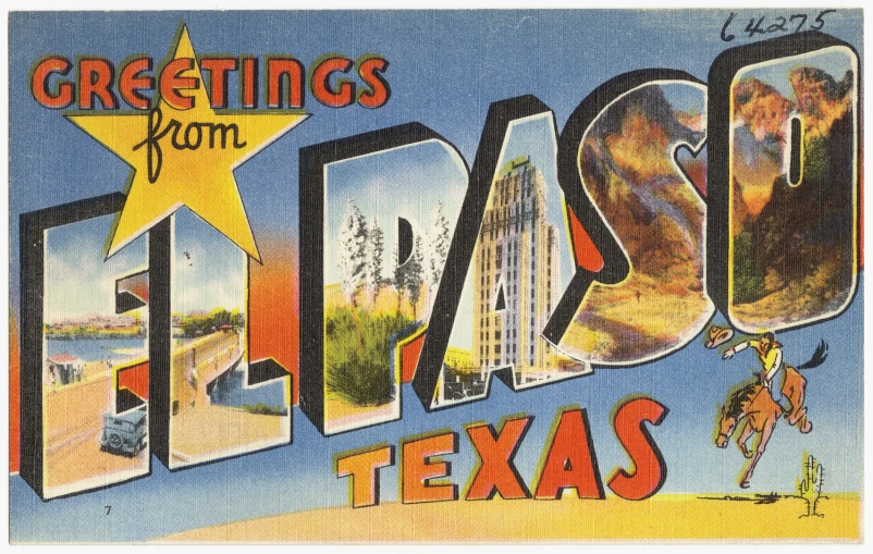 a postcard has various different cities and letters