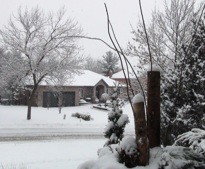 a very snowy day in front of a house