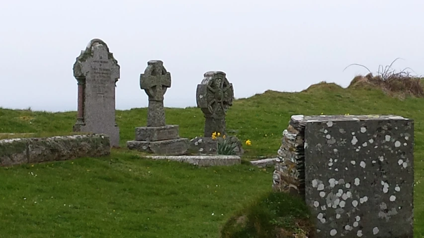 some strange looking tombstones in a grassy area