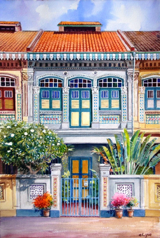 an oil painting shows a house that is painted blue and yellow