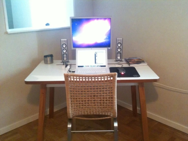 a small desk with a keyboard and monitor