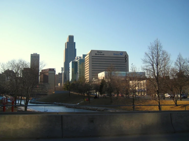 a city skyline with a river running through it