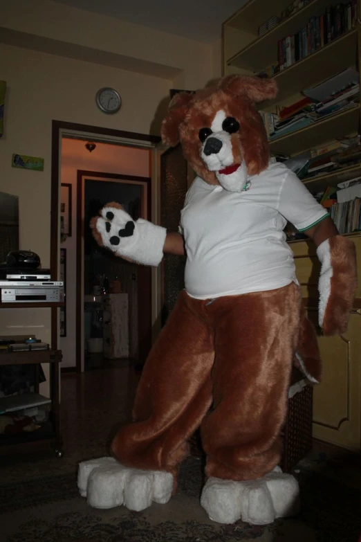 a mascot standing in a living room