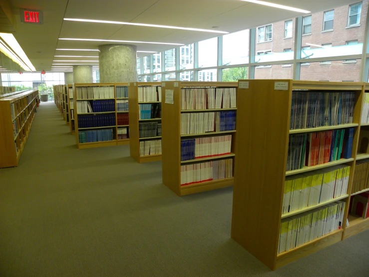 a liry filled with books and lots of brown book cases