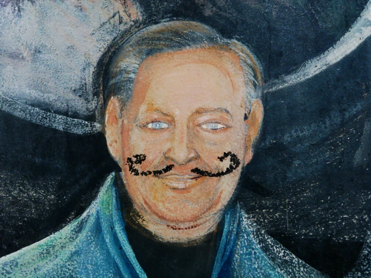 a drawing with fake mustaches and a man's face painted