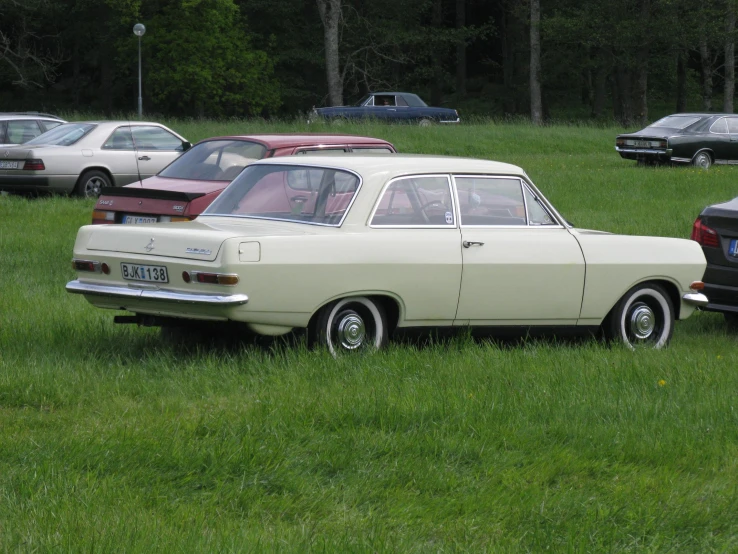 a white and black car and some cars in a field