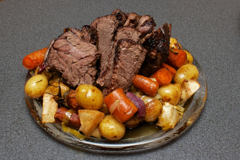 a plate of food with potatoes and meat