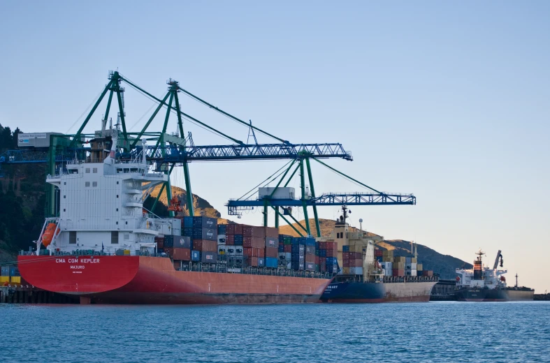 cargo ships are docked in the bay by some hills