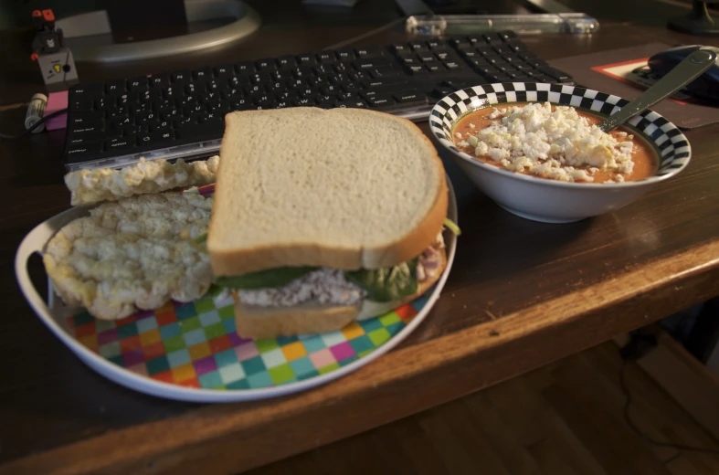 a plate of food that is on a desk