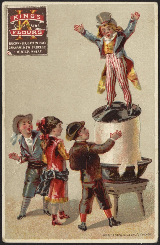 vintage circus scene of young children doing tricks in front of a huge, white and red machine