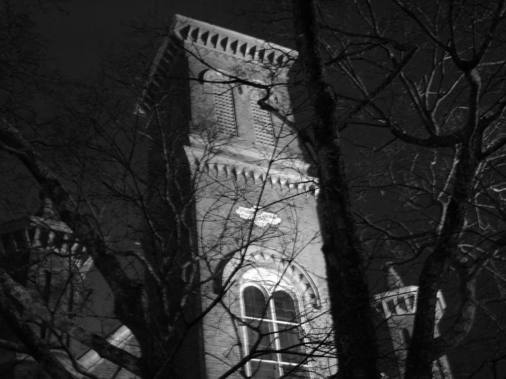 tall stone building in dark area near trees