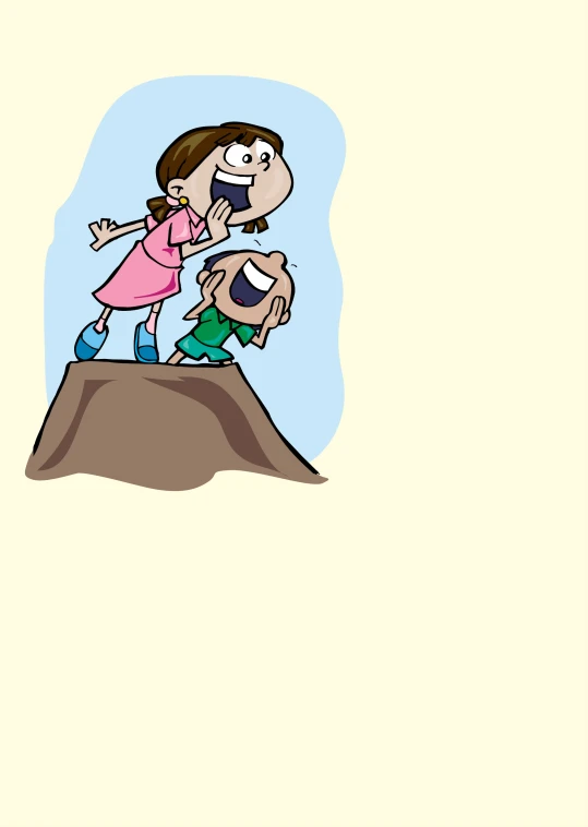 a cartoon of two children standing on top of a hill