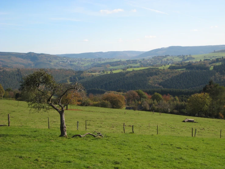 an empty pasture with rolling hills behind