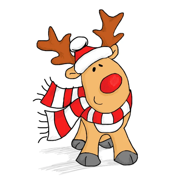 the reindeer is wearing a red and white scarf