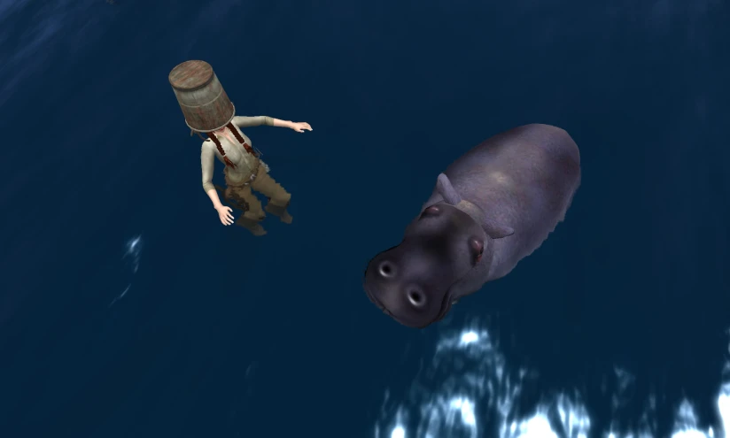 a 3d character diving next to a hippopotamus