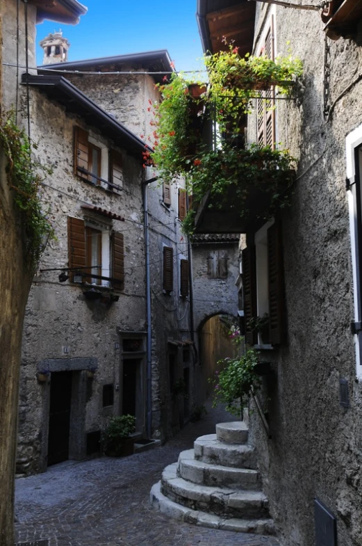 a cobblestone alley in a medieval village