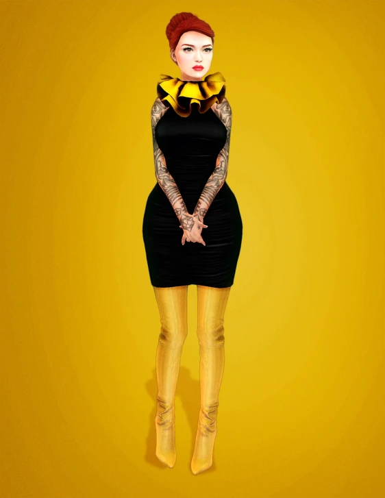 digital painting of a women in black dress on a yellow background