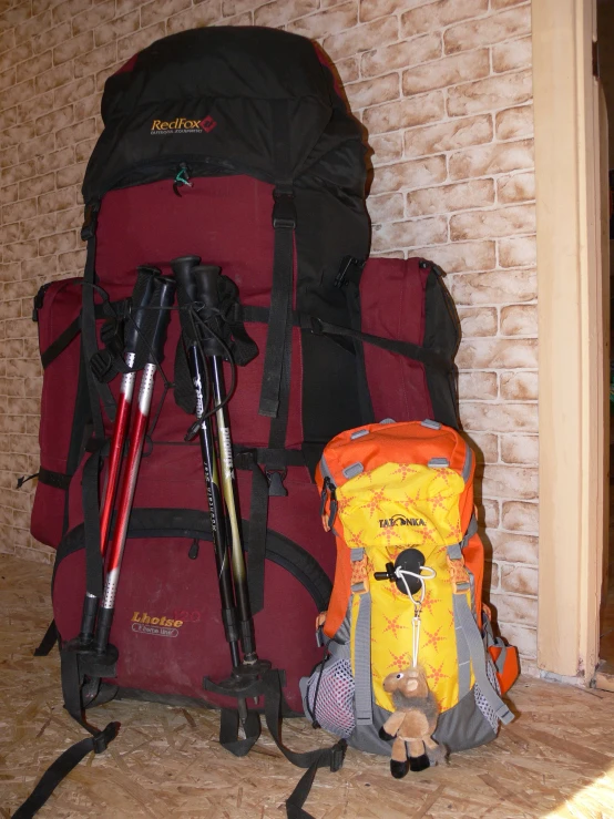 the back pack is next to a pair of trek poles and a bag