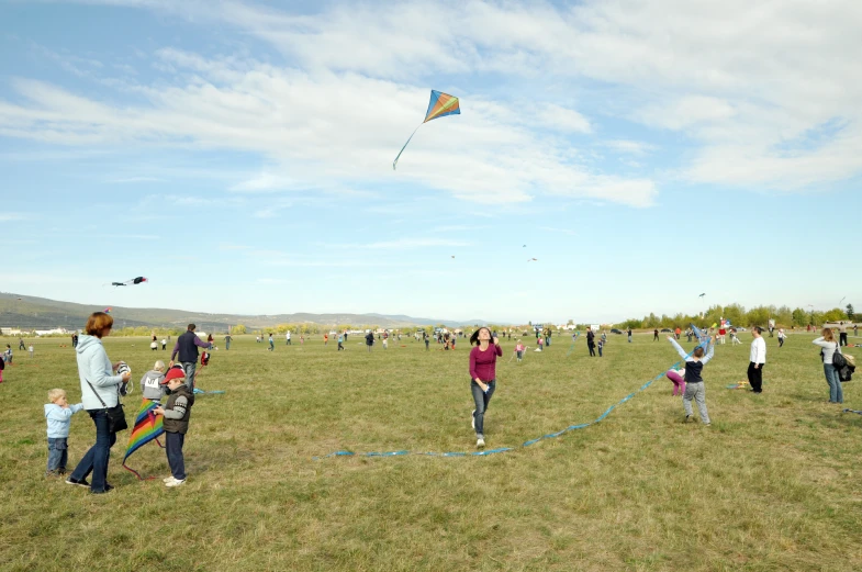 a group of people flying kites in a field