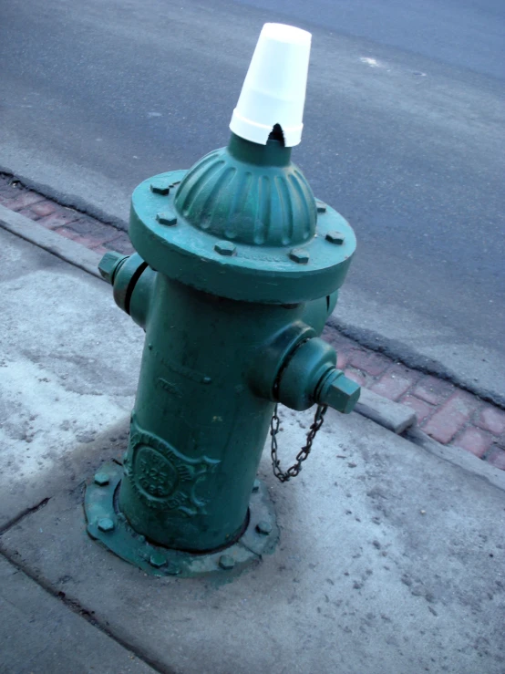 the green fire hydrant is next to the street