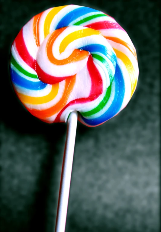 the large colorful candy lollipop has a black background