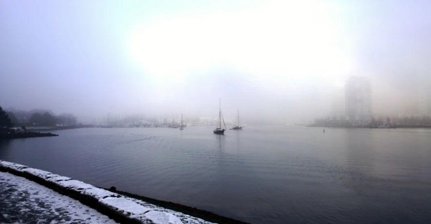 a harbor with boats on the water in the fog