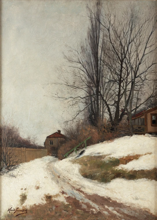 an old painting of a snowy path leading into an abandoned farmhouse
