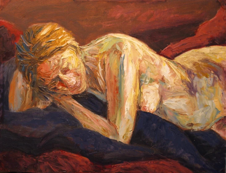 a painting of a blonde woman laying down on a blanket