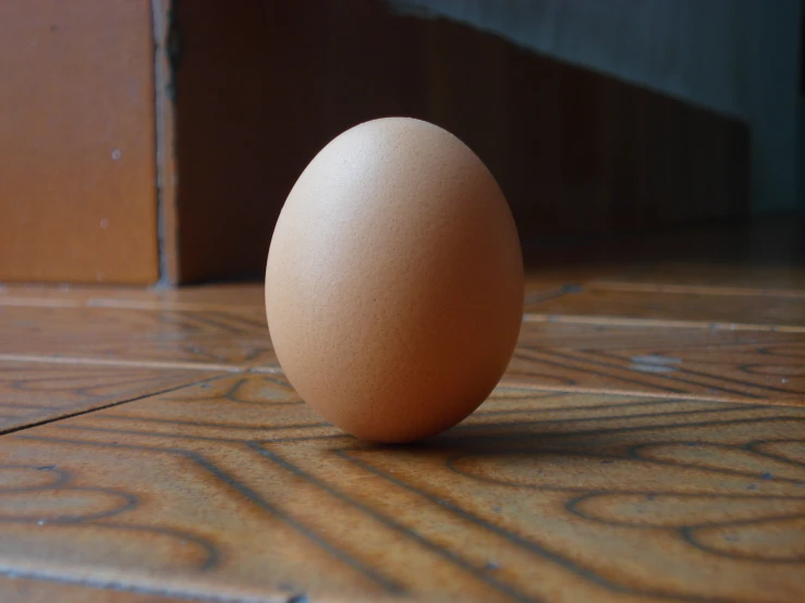 an egg sits on the floor near a door