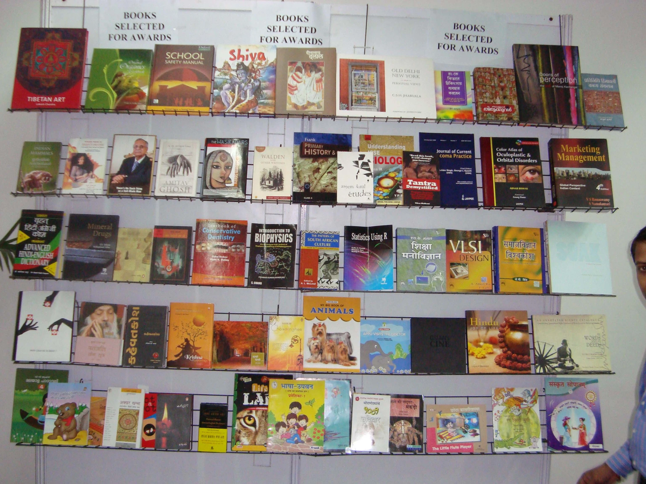 the book rack is organized with different children's books