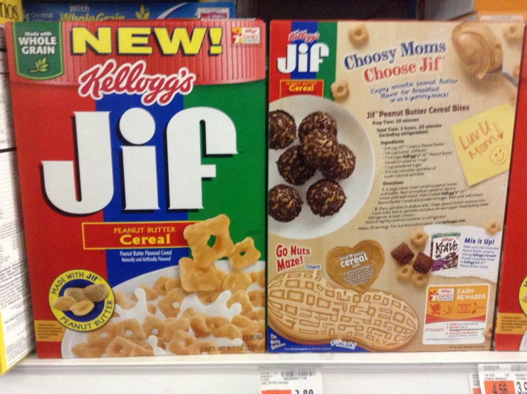 cereal with a box of jff is on display