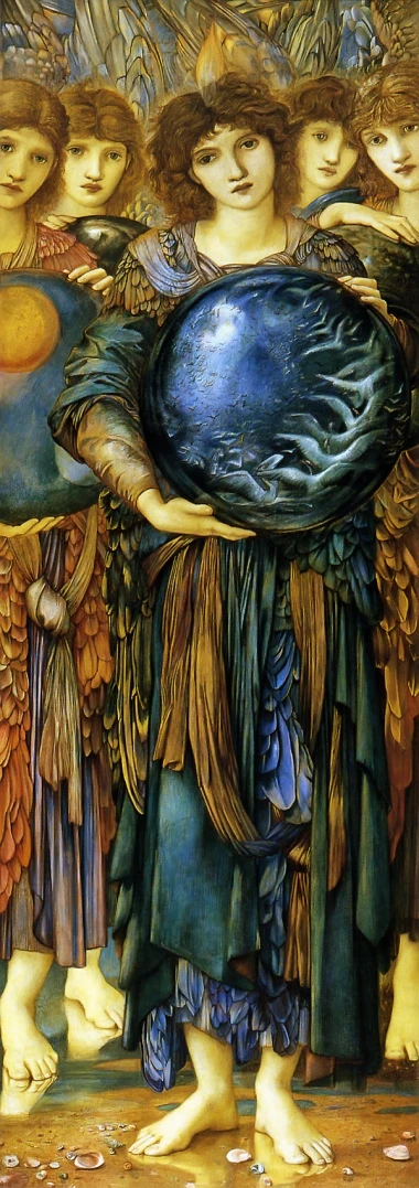 a painting of an angel with lots of wings and a blue bowl