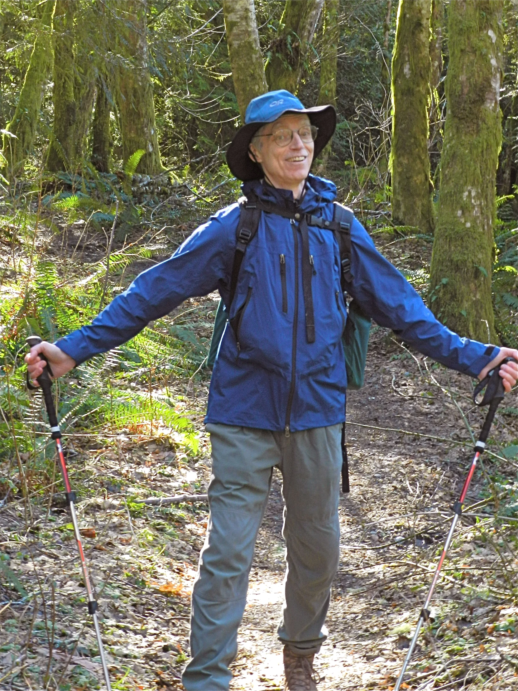 a woman in a blue jacket is cross country skiing