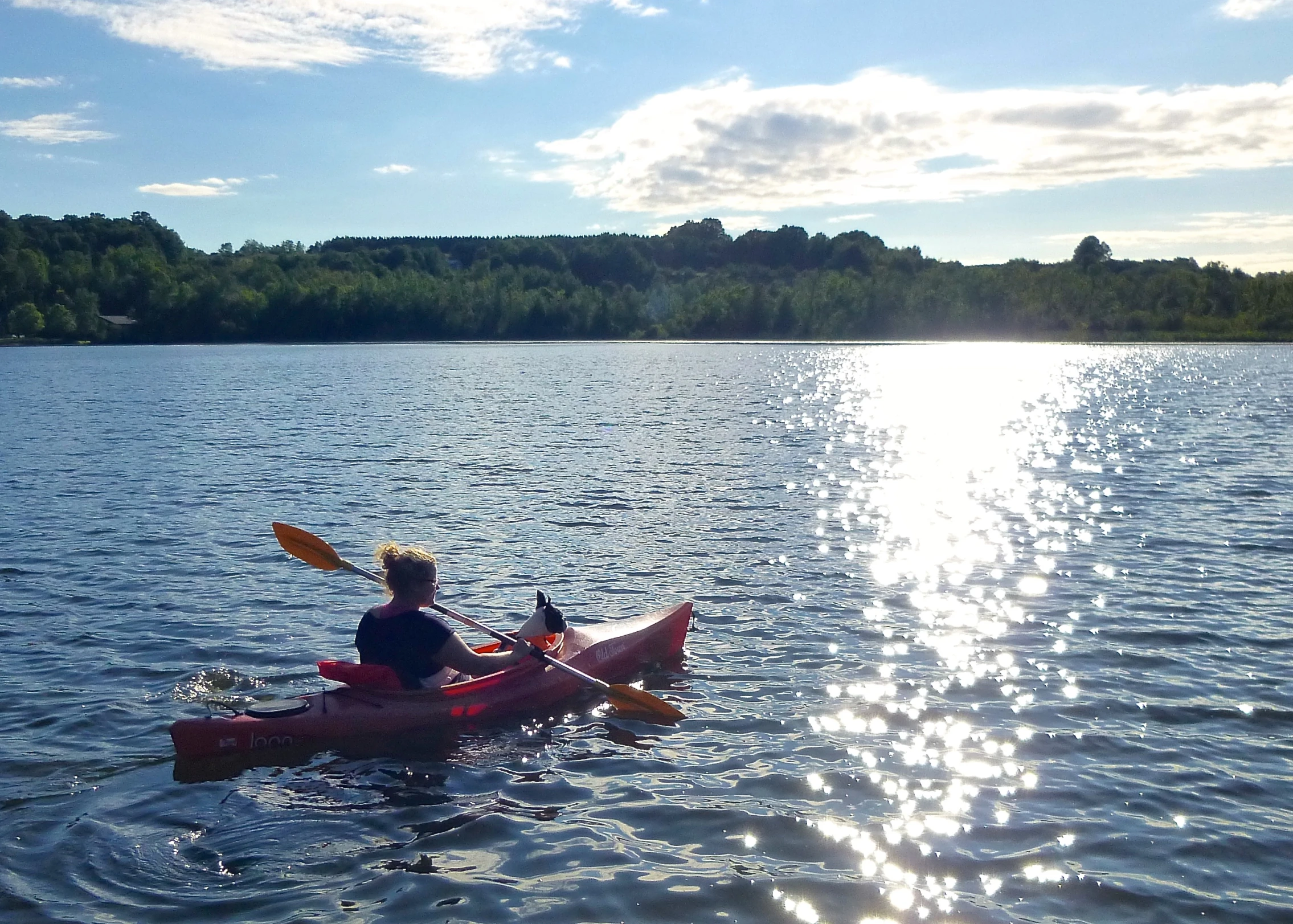 two people are paddling their kayaks on the water