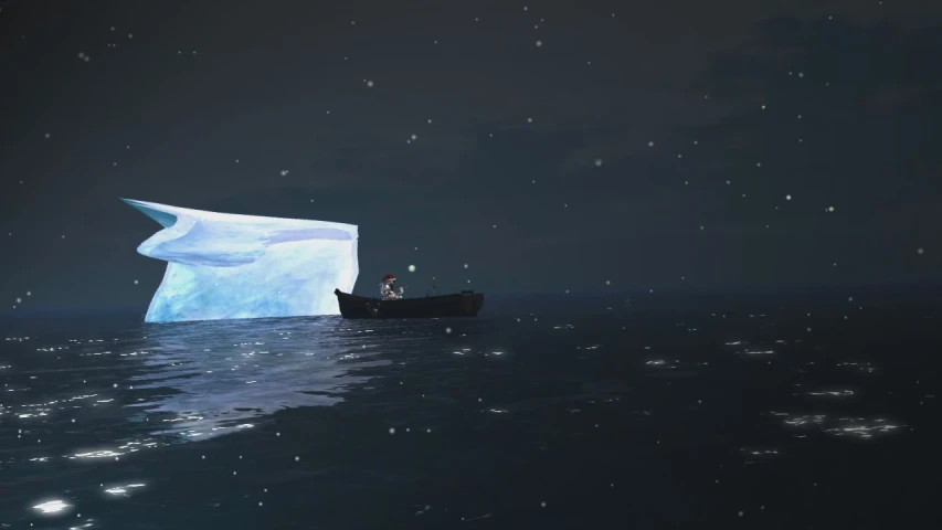 a boat in the ocean near a huge iceberg