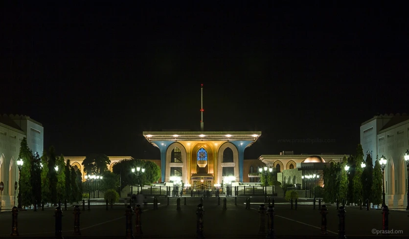 an elaborate, tall building with lights at night