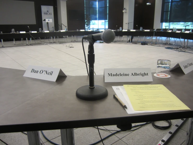microphone in middle of table with note cards on top