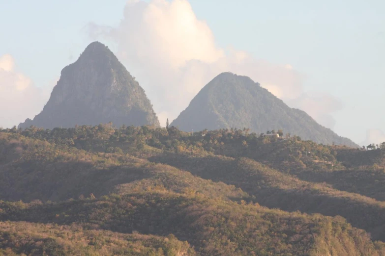 the mountains are full of plants, trees and clouds