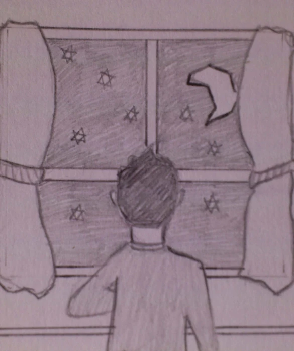 a drawing of a man looking out the window with his back to the camera