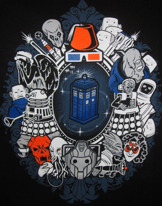 an image of a black shirt with several doctor who symbols on it