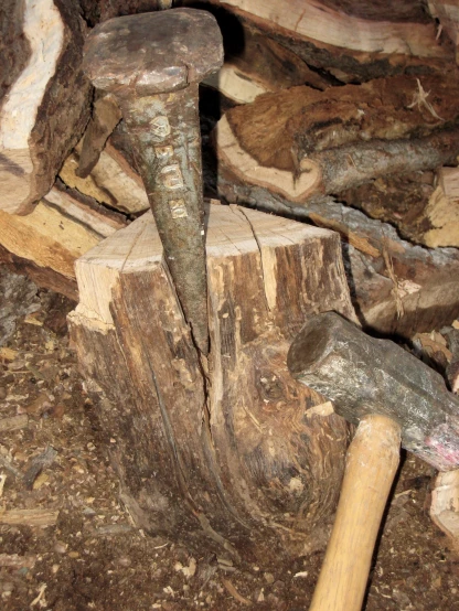 a small axe and an old block of wood